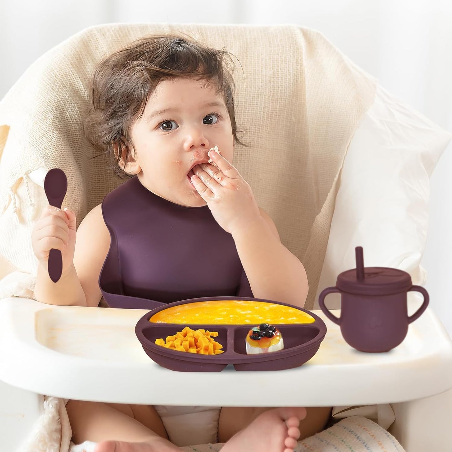 100% Silicone Baby Feeding Set, BPA Free Baby Dishes with Suction Bowl, Divided Plate, Toddler Self Feeding Dish Set with Spoons, Forks, Sippy Cup and Bib, Baby Eating Utensils (Navy Blue)