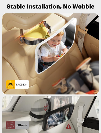 TAZENI Baby Car Mirror - LED Light Baby Car Seat Mirror for Rear Facing with 175° Wide Clear View Anti-Glare, 360° Rotation, Shatterproof, Crash Tested, Safety & Easy Install, espejo para carro bebe
