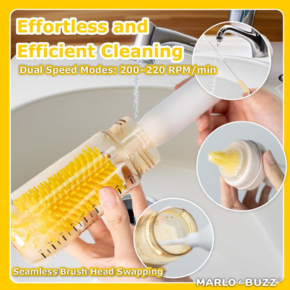 Marlo & Buzz Electric Baby Bottle Brush Cleaner Set, Rechargeable Waterproof Silicone Brushes with Large Bottle Brush, Nipple Brush, Straw Brush, Milk Stirrer, Drying Rack (Yellow)