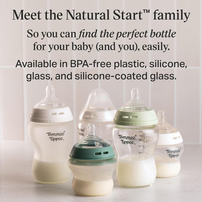 Tommee Tippee Natural Start 9 oz Glass Baby Bottles, Self Sterilizing, BPA & Phthalates Free, 0+ Months, Slow Flow Breast-Like Nipple for a Natural Latch, Travel Jar Lids, Cup Rings, Pack of 3