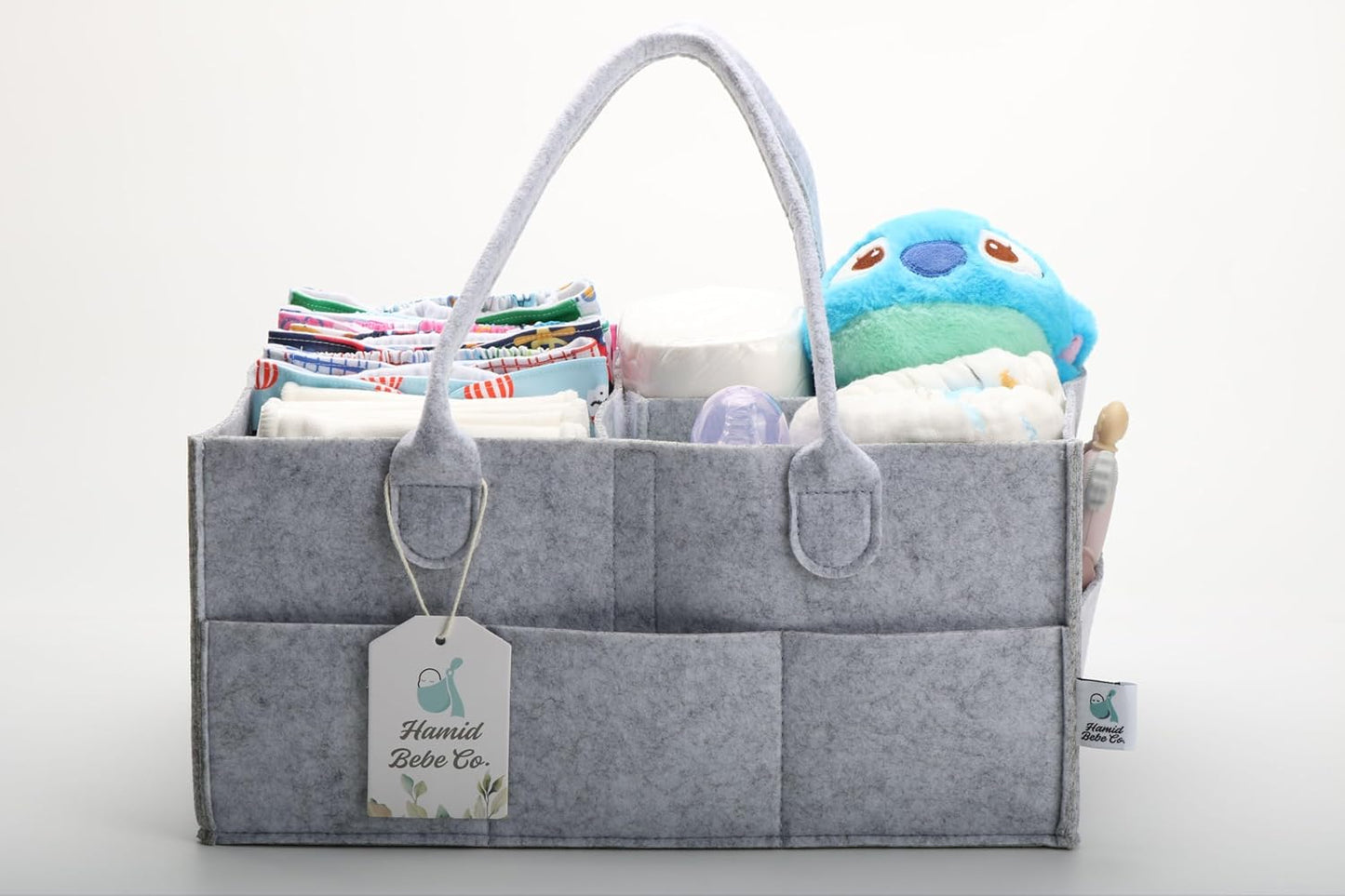 Hamid Baby Diaper Caddy Organizer – Includes Infant Face Cleaning Towel – Large Portable Nursery Storage Basket with 3 Compartments, 8 Pockets, Removable Dividers – Car, Travel Diaper Bag - Grey