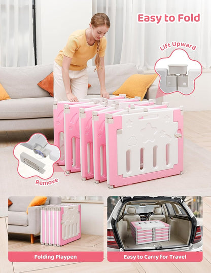Baby Playpen, Dripex Baby Playard for Babies and Toddlers, 14-Panel Foldable Playpen Adjustable Portable Play Area, Indoor/Outdoor Kids Active Center with Game Panel & Safety Gate, Grey White