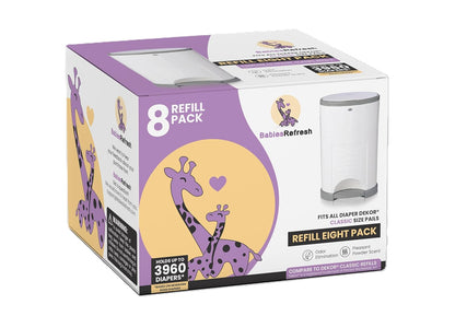 Refills Compatible with DEKOR PLUS Diaper Pail Refills | 8 Pack | Diaper Pail Odor Eliminator| Fresh Powder Scent | Each Diaper Bag Refill Holds up to 4640 Diapers | Diaper bin refill