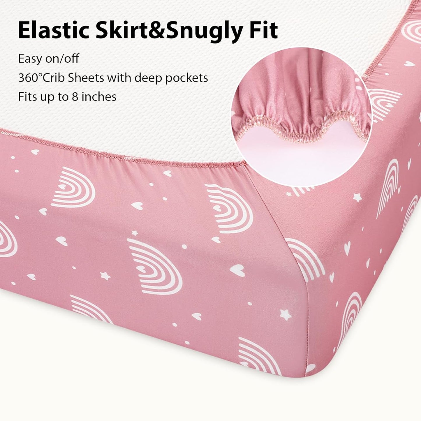Baby Mini Crib Sheets Girl, Portable 38”x26” Pack and Play Sheets Fitted for Playard and Pack N Play Mattress, 3-Pack Soft Microfiber Pink Rainbow