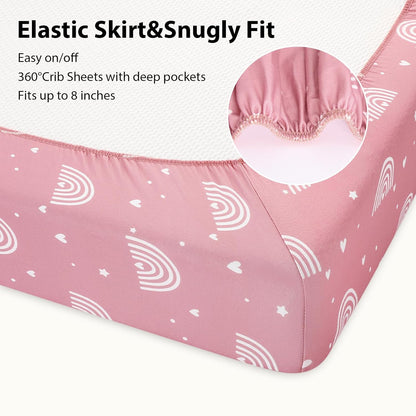 Baby Mini Crib Sheets Girl, Portable 38”x26” Pack and Play Sheets Fitted for Playard and Pack N Play Mattress, 3-Pack Soft Microfiber Pink Rainbow