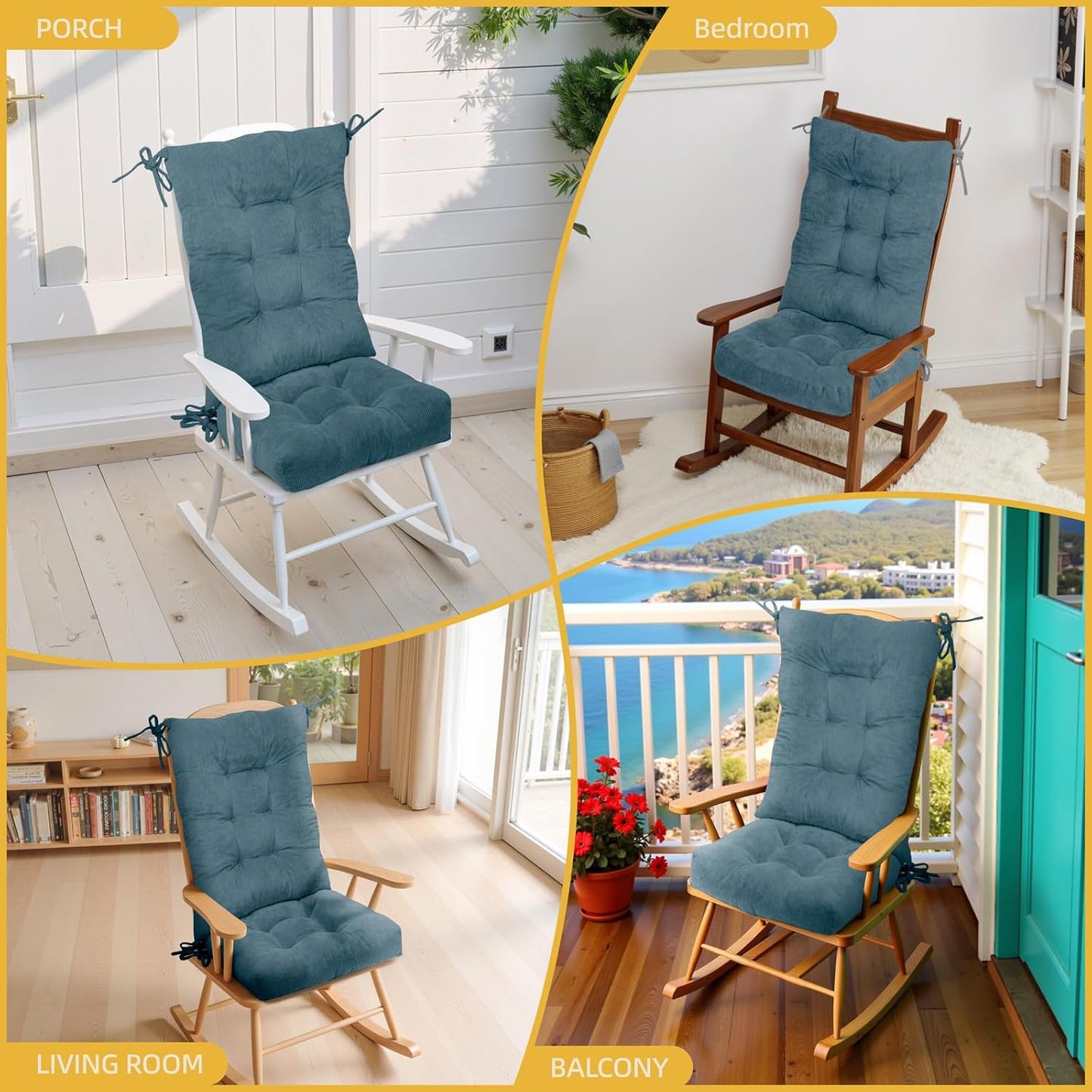 Millsilo Rocking Chair Cushions 3-Piece Set with Neck Pillow, Indoor Rocker Comfortable Tufted Non-Slip Pads with Ties, High-Density Foam Cushion for Adirondack Glider Chair, Orange, 52 x 19 x 4 Inch