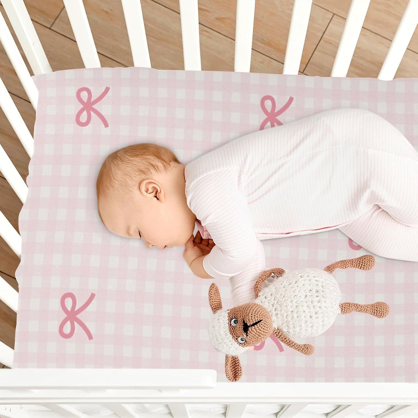 Fitted Crib Sheets Pink Checkered and Bows Stretchy Portable Playard Sheets for Baby Toddler, Breathable Soft Mini Crib Mattress 39 x 27 in for Boys and Girls