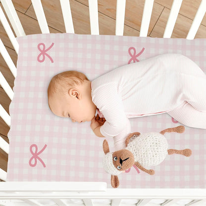 Fitted Crib Sheets Pink Checkered and Bows Stretchy Portable Playard Sheets for Baby Toddler, Breathable Soft Mini Crib Mattress 39 x 27 in for Boys and Girls