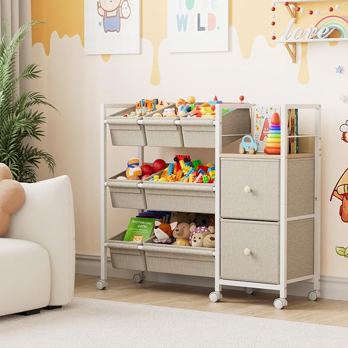 Modanais Kids Toy Organizers and Storage Bins - 7 Storage Bins + 2 Fabric Drawers + 1 Bookshelf, Playroom Storage, Mobile Cart Organizer for Toy, Clothes, Blankets and Books - Off White