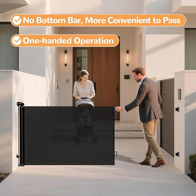 Wide Retractable Baby Gate - 34" Tall Extends to 71" Wide Mesh Safety Gate with Anti-Crawling Hook, Adjustable Baseboard Bracket, Dog Gate for Stairs, Doorways, Hallways, Black
