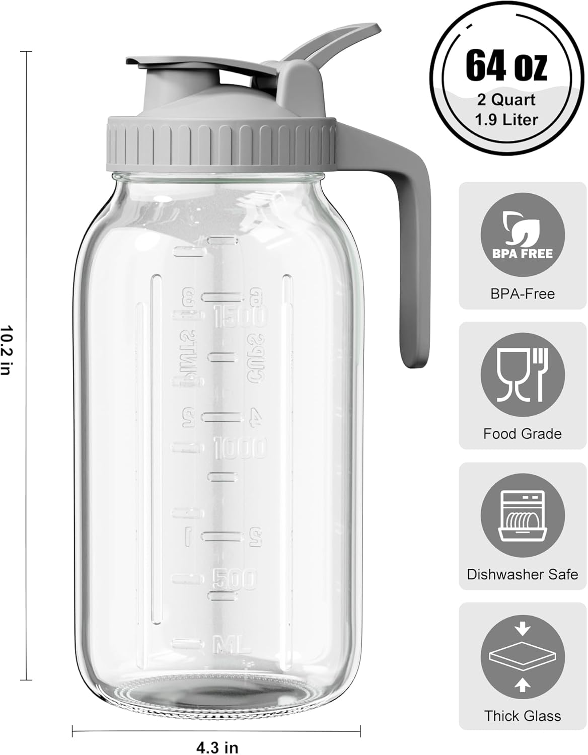 OneDream Breast Milk Pitcher 32oz Glass Pitcher with Lid, Formula Pitcher Leakproof Drip-Free Spout, Wide Mouth Mason Jar Pitcher for Easy Pouring, Dishwasher Safe Breastmilk Storage Pitcher