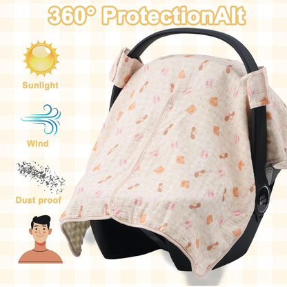 2-in-1 Baby Car Seat Cover & Canopy | Mom Nursing Cover, Easy Install Shield | Multi-Purpose for Winter Warmth & Summer Shade (Brown)