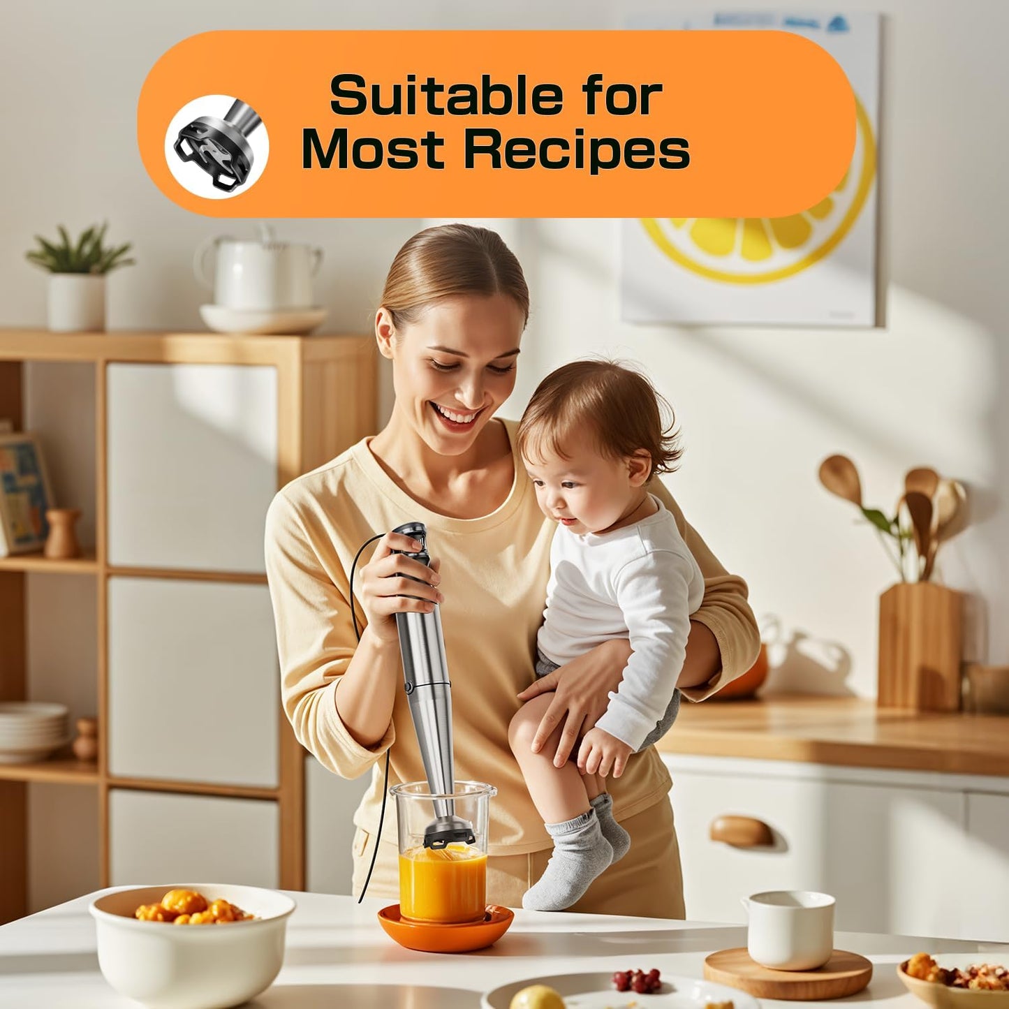 Turelar Immersion Blender Handheld Corded Hand Blenders Set 1100W, Trigger Variable Speed 5 in 1 Stick Emulsifier with Chopper, Whisk and Frother for Soup, Baby Food and Smoothies, Orange