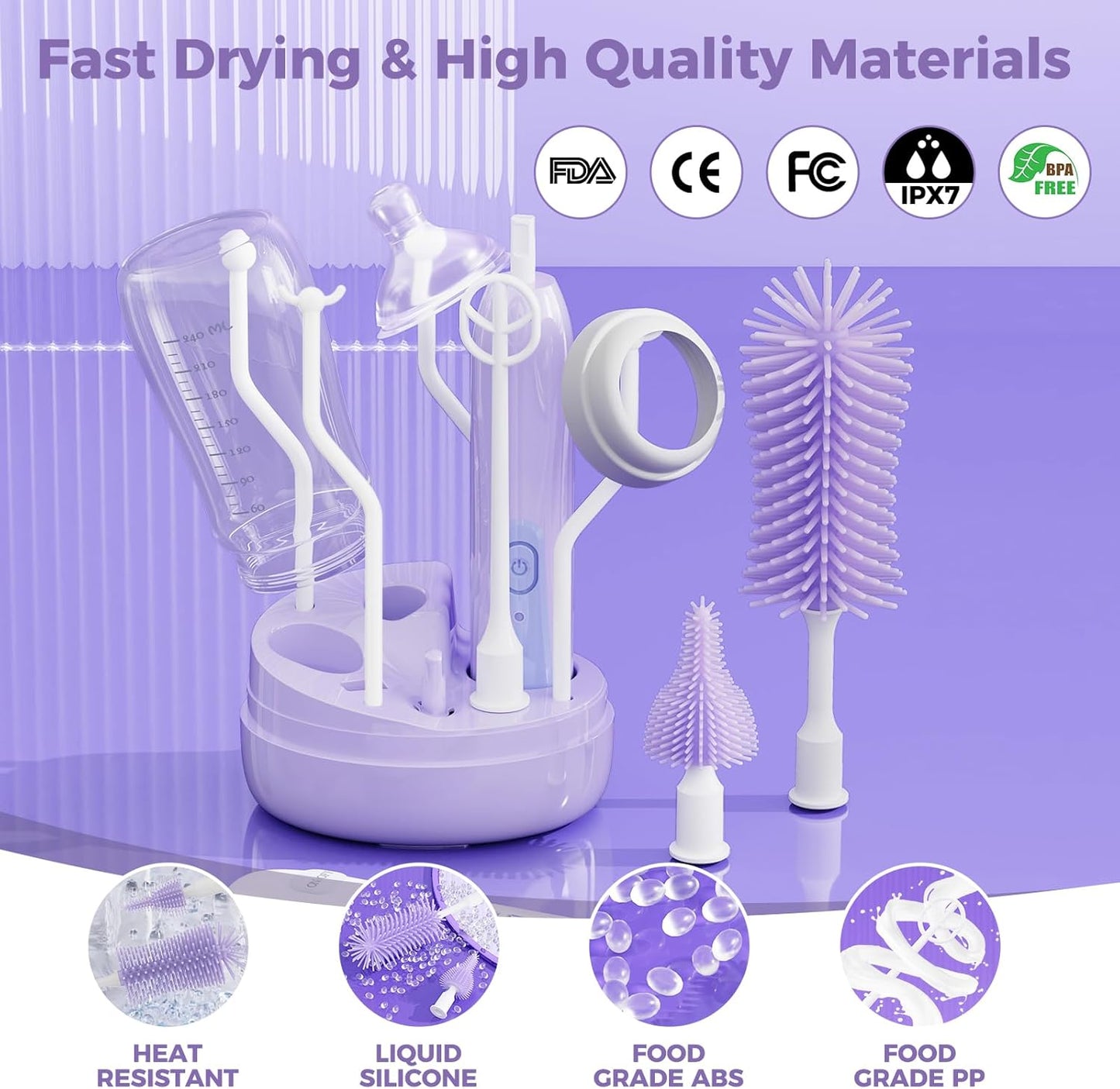 Electric Bottle Brush Cleaner,Rechargable Electric Baby Bottle Brush Cleaner with Thermometer,Silicone Bottle/Nipple/Straw Brush,Drying Rack,Travel Bottle Cleaner Kit for New Moms (Pink)