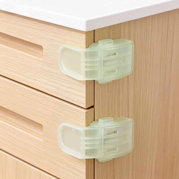 Maveek Baby Proof Drawer Lock Glow In The Dark, 4 Pack Luminous Cabinet Button Locks For Kitchen Cupboard, RV, Furnitures, Easy To Find At Night, Fluorescent Green