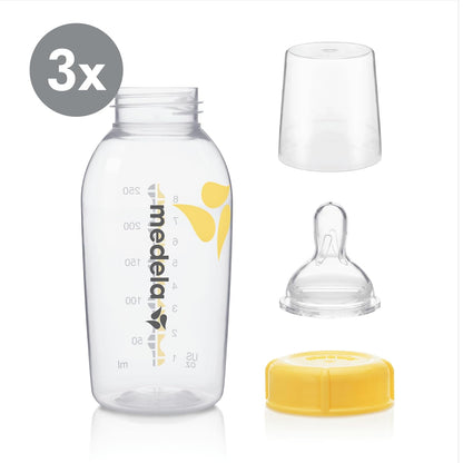 Medela Slow Flow Feeding & Storage Bottles, 3 Pack of 5 Ounce Bottle with Nipple, Lids, Wide Base Collars, and Travel Caps, Made Without BPA