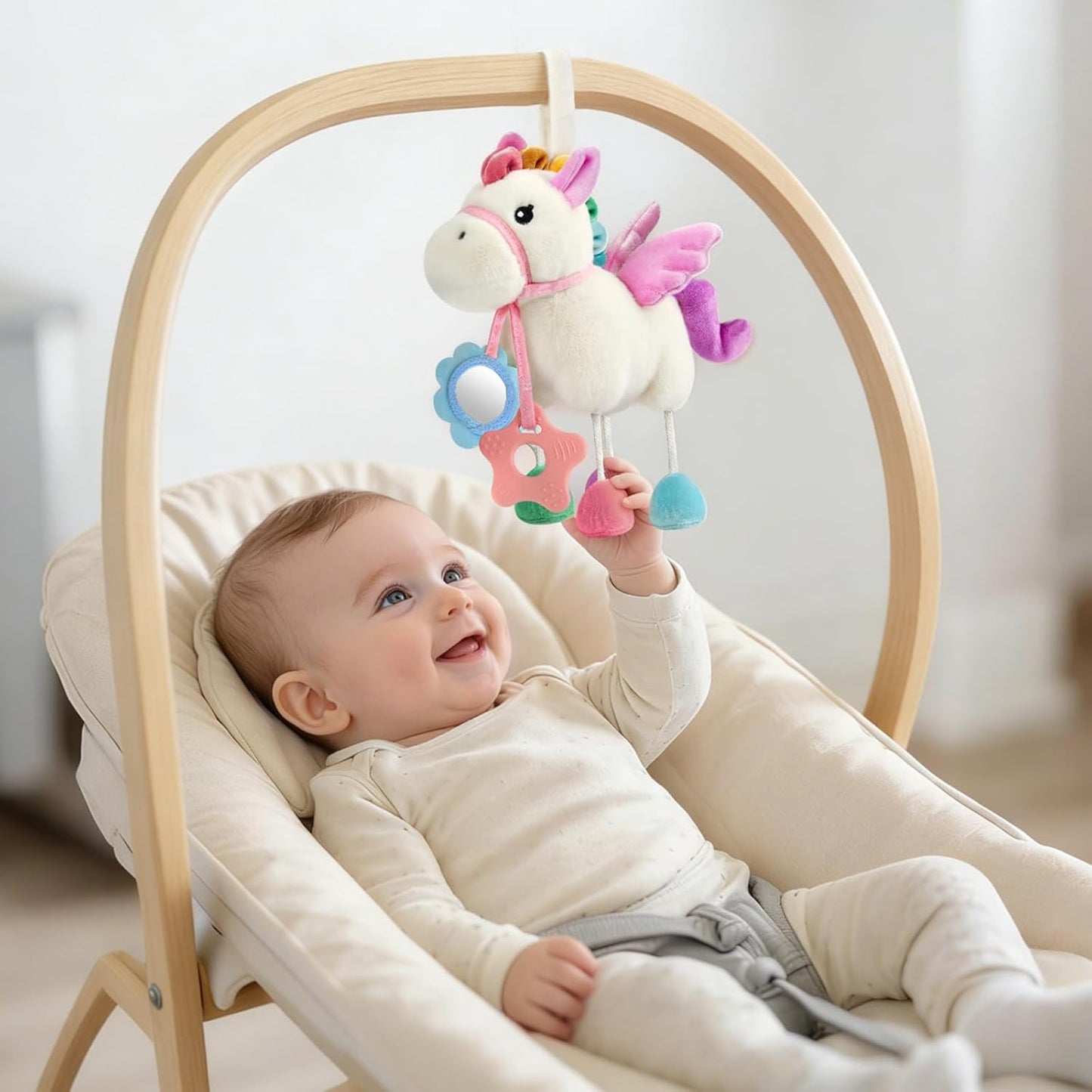 TYRY.HU Baby Stroller or Car Seat Toy,Soft Plush Stroller & Cot Hanging Toys, Rattle Sensory Developmental Activity Toy-Textured Ribbons&Crinkle Sounds&Silicone Teether, Gift for 0 3 6 9 12 Months