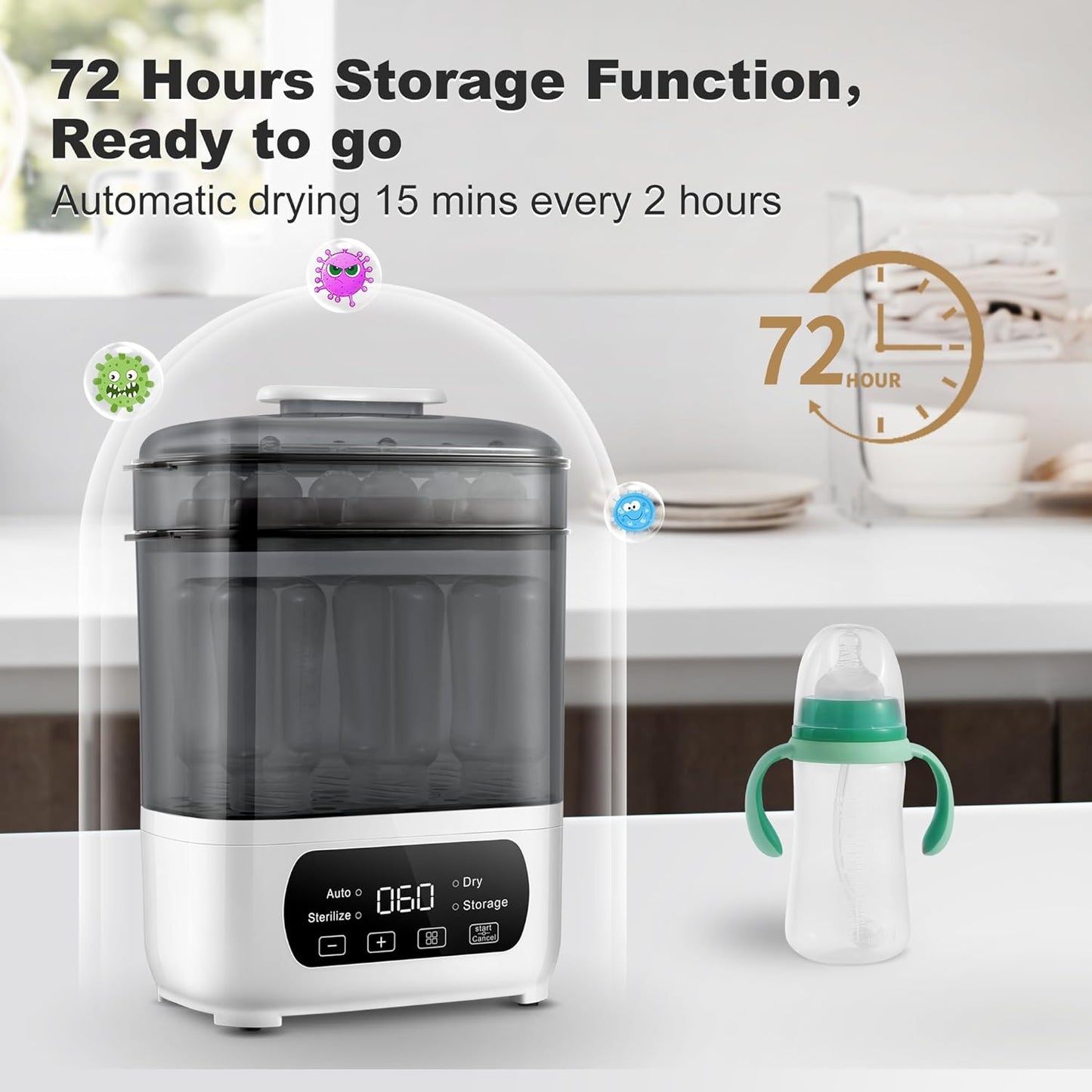 AMZBABYCHEF 4-in-1 Baby Bottle Steamer and Dryer, Electric Steamer with Fast Drying, Universal Fit for All Bottles, LED Touch Screen & Auto Shut-Off Protection (Grey)