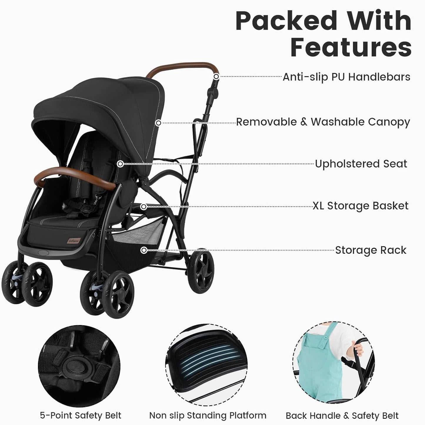 INFANS Sit and Stand Double Stroller, Foldable Tandem with Standing Platform Reclining Backrest, Adjustable Handlebar and Footrest, Storage Basket 5-Point Harnesses, Baby Pushchair for Toddlers
