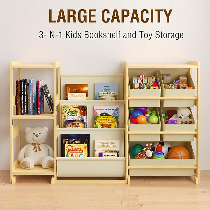 Kids Bookshelf and Toy Storage Organizer with 3-Tier Book Display and Shelves, Kids Toy Organizers and Storage with Bins, Book Shelf for Kids Rooms, Playroom Decor for Toddler Bedroom Nursery