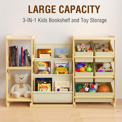 Kids Bookshelf and Toy Storage Organizer with 3-Tier Book Display and Shelves, Kids Toy Organizers and Storage with Bins, Book Shelf for Kids Rooms, Playroom Decor for Toddler Bedroom Nursery