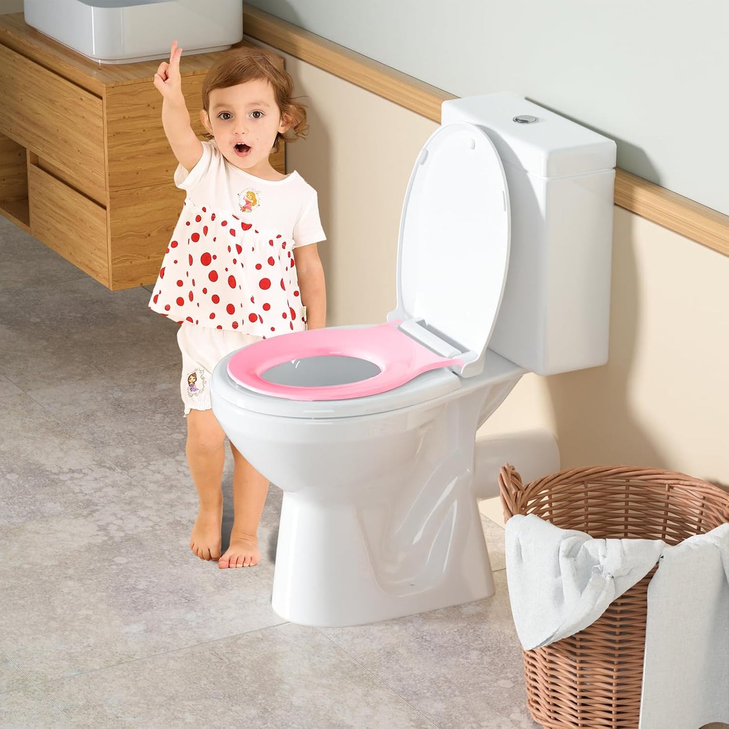 Aünsffer Toddler Toilet Seat with Potty Training Seat Round 16.5inch, 2 in 1 Toilet Seat for Family Built-in Baby Seat Removable, Soft Close + Easy Clean, PP Safe Material, Pink