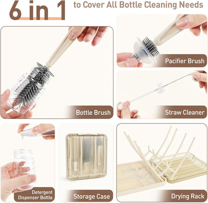 Baby Bottle Brush Set, 6-in-1 Travel Bottle Cleaner Kit with Silicone Bottle Brush, Nipple & Straw Brush, Soap Dispenser, Drying Rack, Storage Box – Compact Baby Travel Essential for Home & On-The-Go