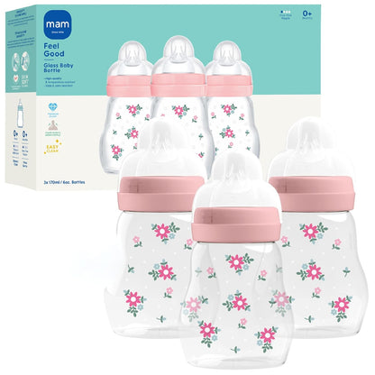 MAM 9oz Feel Good Pure Glass Anti-Colic Wide Neck Baby Bottle, Medium Flow Skin Soft Silicone Nipple, Easy to Clean, BPA Free, 2+ Months, Easy Switch Between Breast & Bottle, Made in Europe, 3 Pack