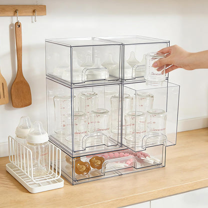 Baby Bottle Organizer, 4 Pack Clear Space-Saving Stackable Drawer with Handle, Baby Bottle Storage Organizer for Countertop and Cabinet