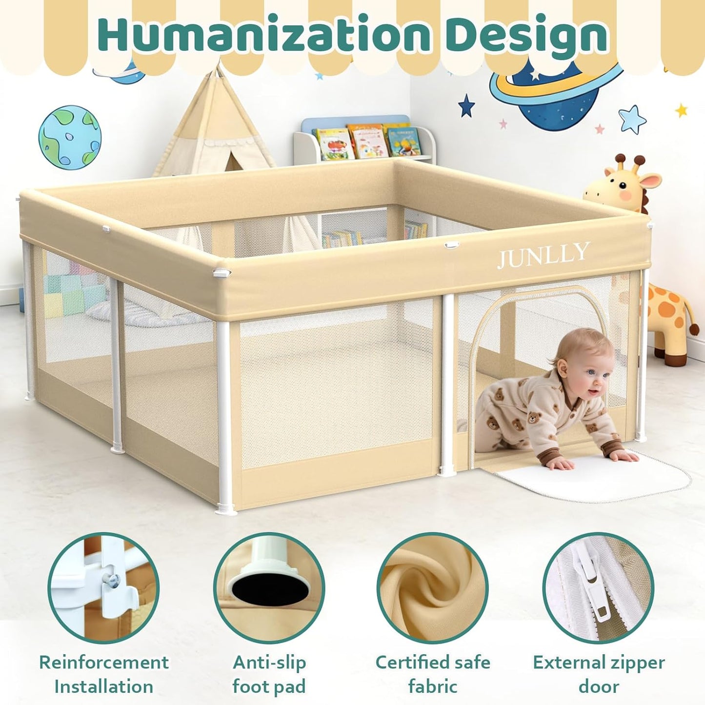 Foldable Playpen for Babies and Toddlers - 50x50 Inches Playpen with Mat - Kids Collapsible Playard with Storage Bag for Indoor & Outdoor - Baby Fence with 30 Ball & Gate - Khaki