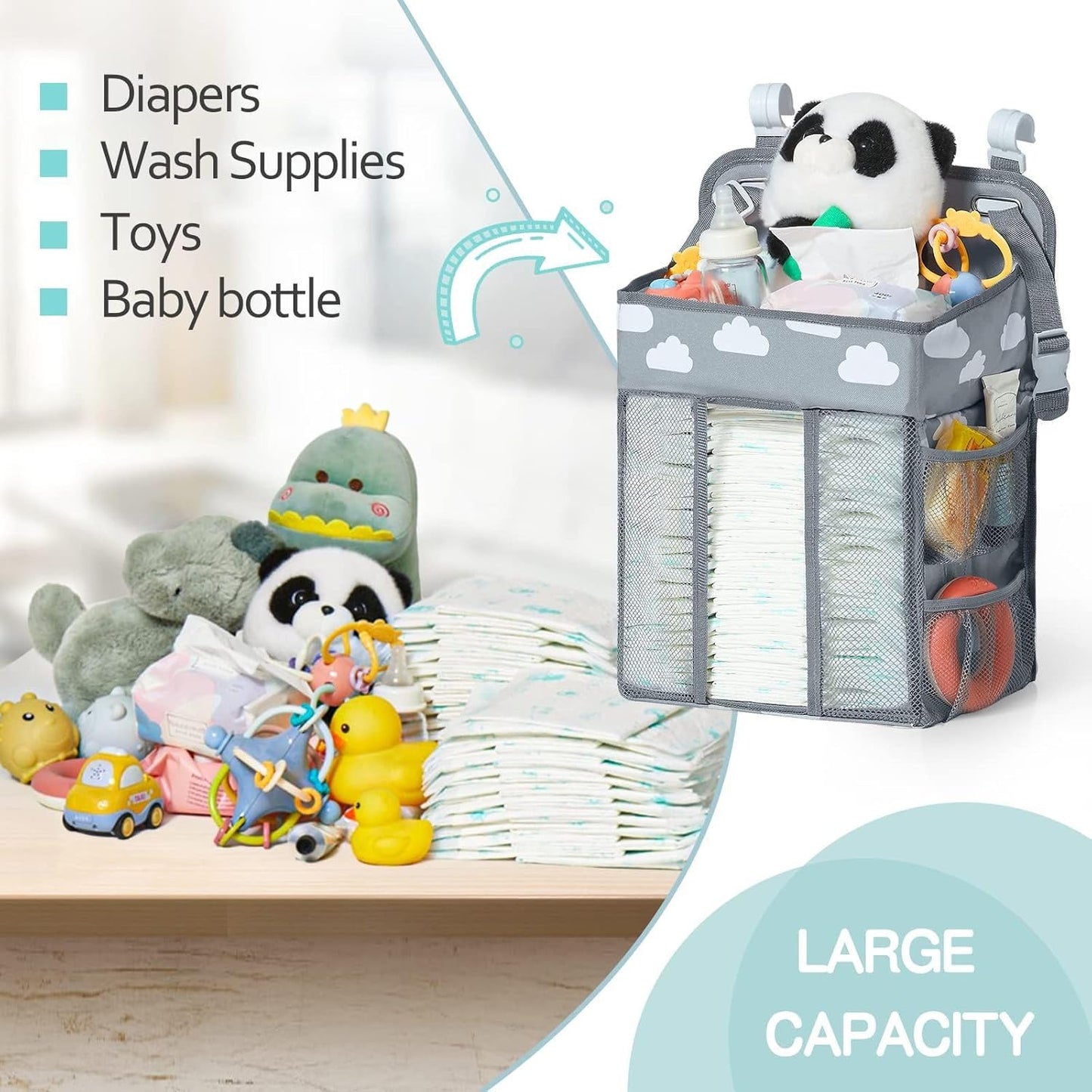 Baby Diaper Caddy Organizer with Cloud Print, Multi-Compartment Nursery Storage Bag with Adjustable Straps, Portable Diaper Stacker for Stroller, Car, Travel, Nursery (Grey)