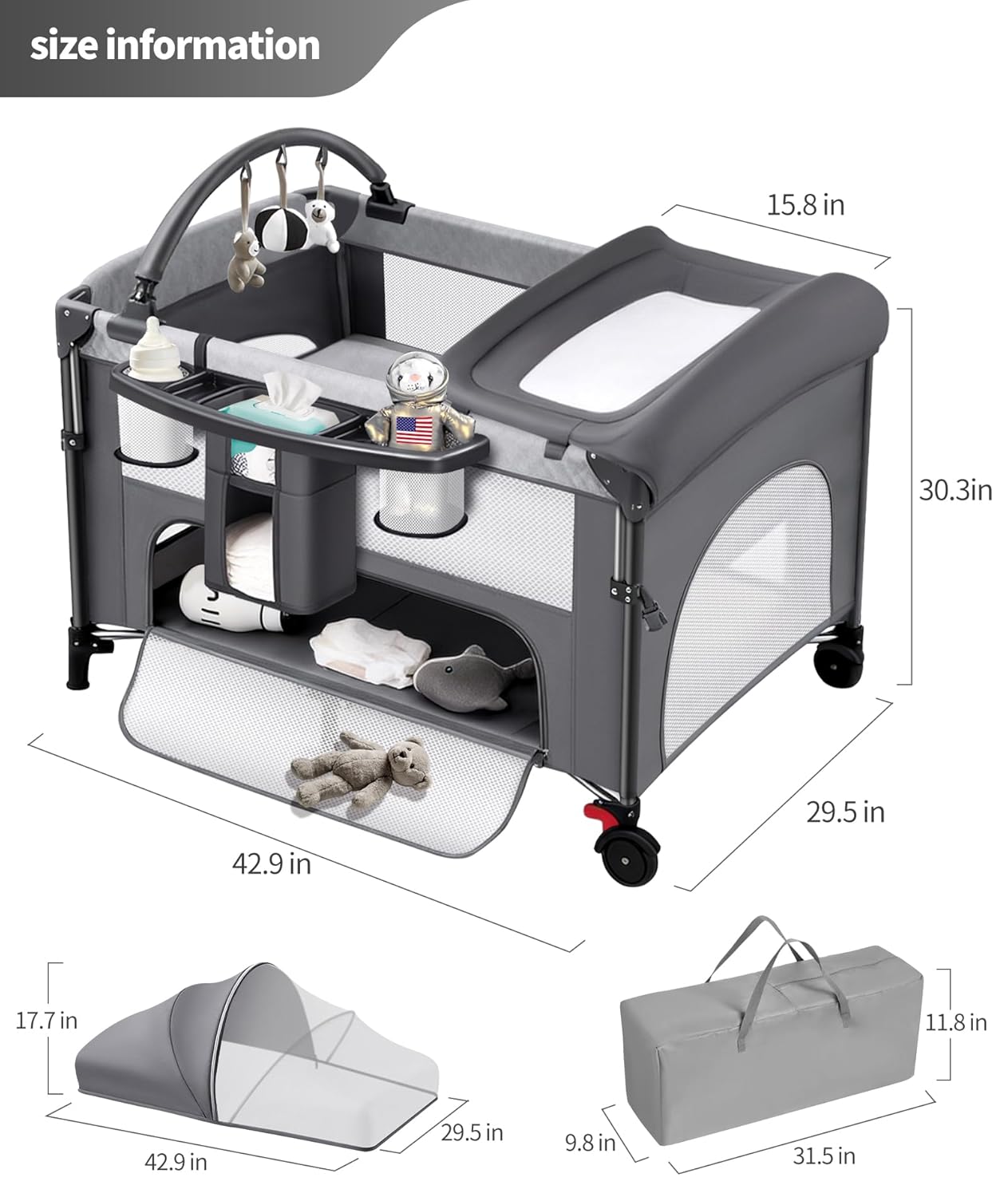 4 in 1 Baby Bassinet Bedside Crib with One-Hand Setup & Waterproof Mattress – ASTM-Certified Pack and Play, Portable Foldable Playard with Diaper Changer for Newborn to Toddler(Black)