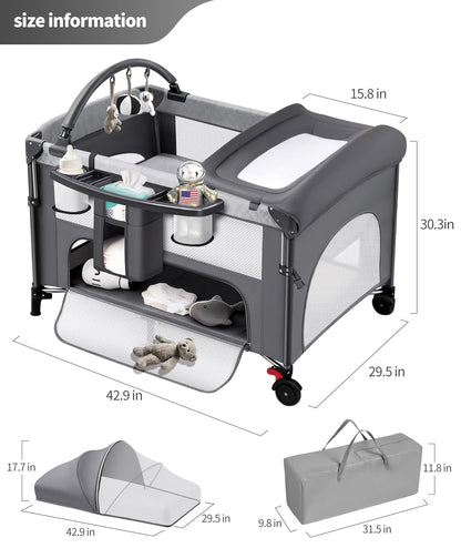 4 in 1 Baby Bassinet Bedside Crib with One-Hand Setup & Waterproof Mattress – ASTM-Certified Pack and Play, Portable Foldable Playard with Diaper Changer for Newborn to Toddler(Black)