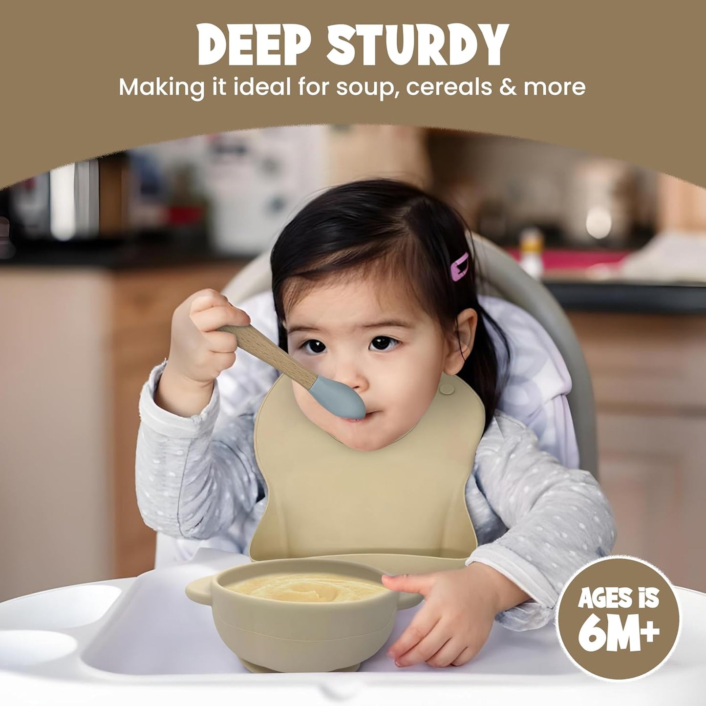 Baby Feeding Essentials, Baby Led Weaning Supplies, Silicone Baby Feeding Set, with Baby Spoon, Fork, Baby Bib, Sippy Cup, Suction Plate, Suction Bowl, Baby Eating Essentials, 6+ Months (Beige)