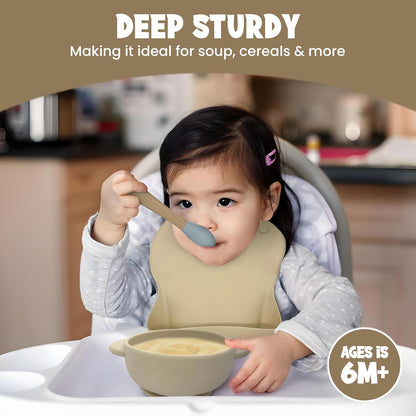 Baby Feeding Essentials, Baby Led Weaning Supplies, Silicone Baby Feeding Set, with Baby Spoon, Fork, Baby Bib, Sippy Cup, Suction Plate, Suction Bowl, Baby Eating Essentials, 6+ Months (Beige)