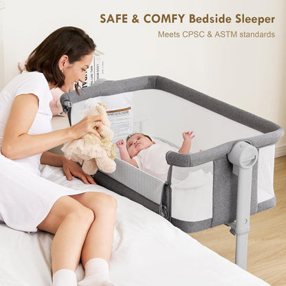 Bassinet Bedside Sleeper - All-Mesh Design, Portable Bedside Bassinet for Baby with Washable Mattress, 5 Adjustable Heights（Beige）