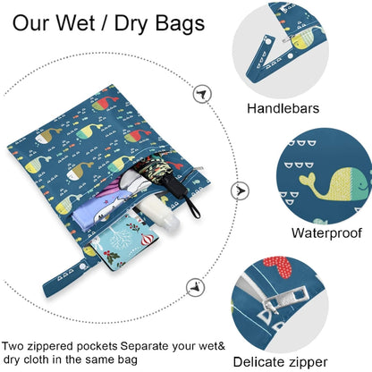 visesunny Kids Doodle Style Funny Whales And Colorful Fish 2Pcs Wet Bag with Zippered Pockets Washable Reusable Roomy for Travel,Beach,Pool,Daycare,Stroller,Diapers,Dirty Gym Clothes, Wet Swimsuits, T