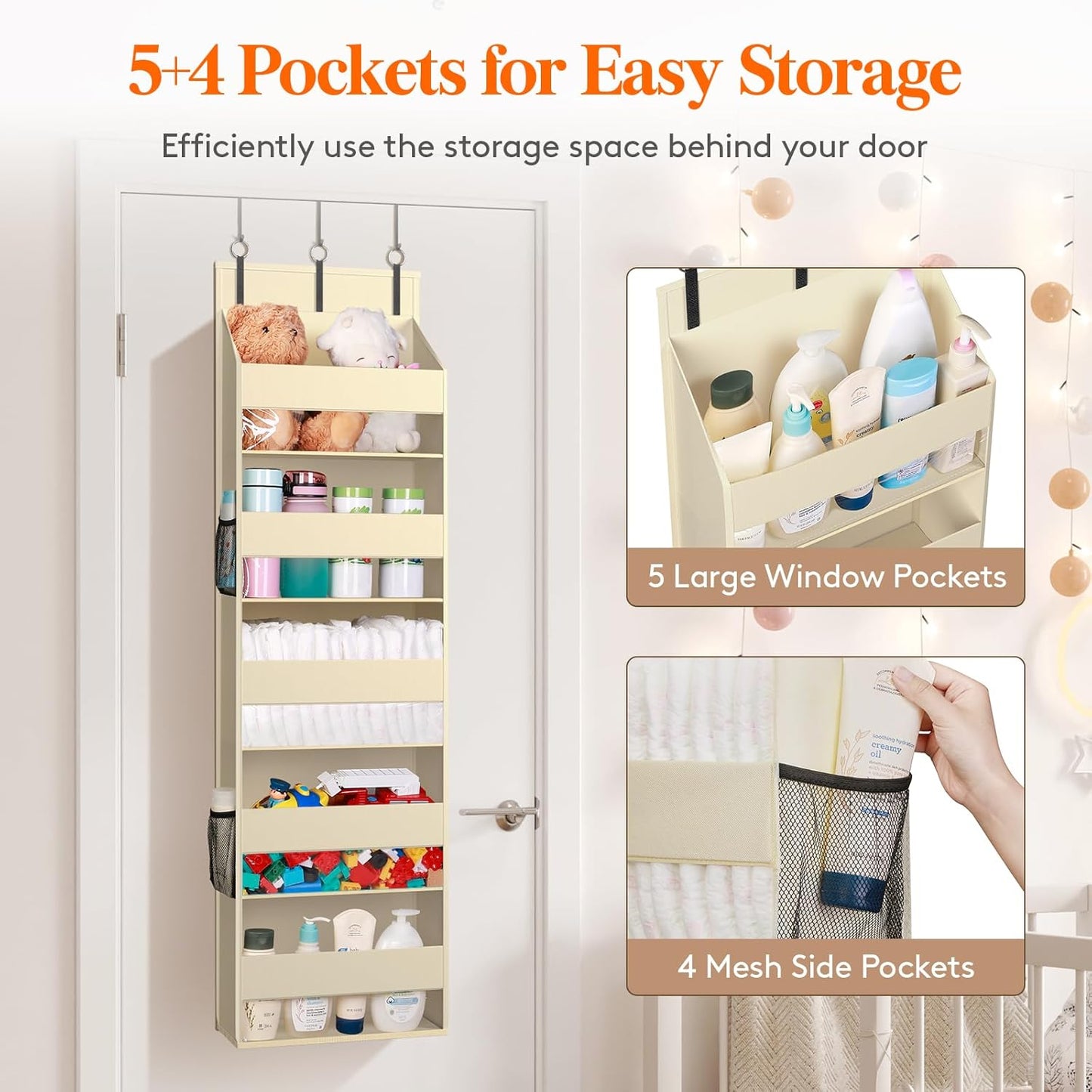 Lifewit 1 Pack Over the Door Organizer, 5 Section Clear Window Hanging Storage with 4 Side Pockets, Sturdy Anti Tilt 40 lbs Load Behind Door for Closet, Bedroom, Bathroom, Nursery, Dorm, Gray