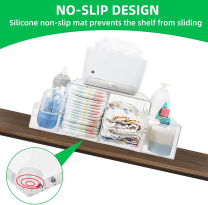 NANYEZH Acrylic Diaper Caddy, Baby Wipes Organizer for Changing Table, Dresser Top Tabletop Organizer with 4 Detachable Compartments, Anti-slip Rubber Feet, Newborn Baby Essentials, Clear
