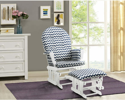 HomeStock Glider and Ottoman Set - Padded Arms, Storage Pockets, Metal Bearings White and Blue