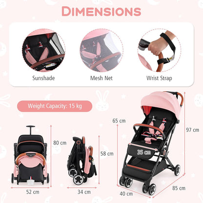 HONEY JOY Travel Stroller, One-Hand Quick Fold Lightweight Umbrella Stroller for Airplane, Wrist Wrap & Net, Multi-Position Recline, Overhead Friendly Compact Stroller for Newborn and Toddler(Gray)