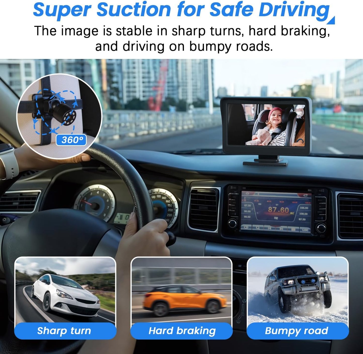 FEISIKE Car Baby Camera, 4.3'' HD Infrared Night Vision Function Baby Car Camera Display, Backseat Camera for Kid with 150° Wide View & 360° Rotatable Easy Installation in 5 Mins Rear Facing Mirrors