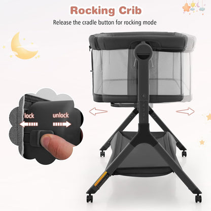 BABY JOY Bassinet Bedside Sleeper, Easy Folding Baby Crib w/All-Side Mesh, Storage Shelf, 7 Adjustable Heights, Mattress & Travel Bag for Safe Co-Sleeping, Portable Baby Bed for Newborn Infant -Gray