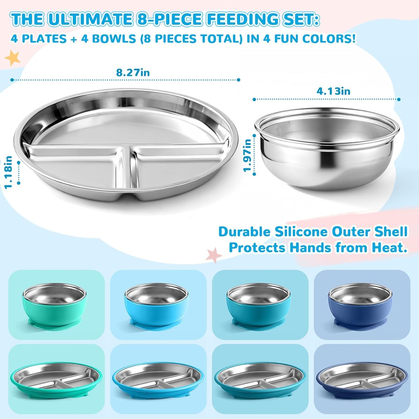 Havawish 8 Pcs Stainless Steel Baby Plate and Bowls with Suction, 8.3" Kid Divided Plate and 4" Toddler Bowl with Removable Silicone, BPA-free Non-slip Baby Feed Set Dishwasher Safe for Boy Girl(Pink)
