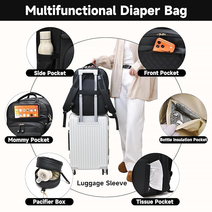 ANWTOTU Leather Baby Diaper Bags with Changing Station,Extra large Capacity Baby Diaper Bag Backpack,Waterproof Baby Essentials(Black)