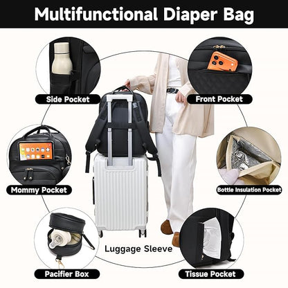 ANWTOTU Leather Baby Diaper Bags with Changing Station,Extra large Capacity Baby Diaper Bag Backpack,Waterproof Baby Essentials(Black)