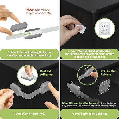 Baby Proofing Child Safety Locks (12 Pack) by Skyla Homes - The Safest, Quickest and Easiest 3M Adhesive Cabinet Latches, No Screws & Magnets, Multi-Purpose for Furniture, Kitchen, Ovens, Toilet Seats