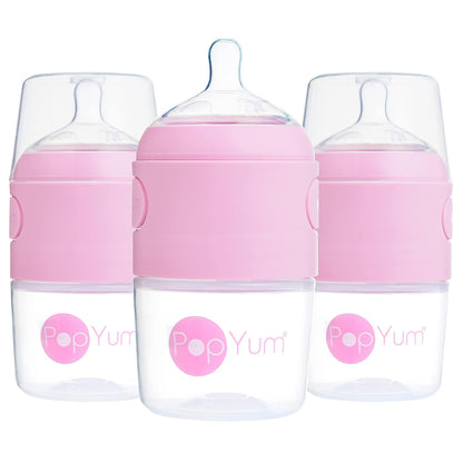 PopYum 9 oz Blue Anti-Colic Formula Making Baby Bottles, 3-Pack with #2 Medium Flow Nipples, 260 ml, BPA-Free, Natural Latch, Mixing, Dispenser