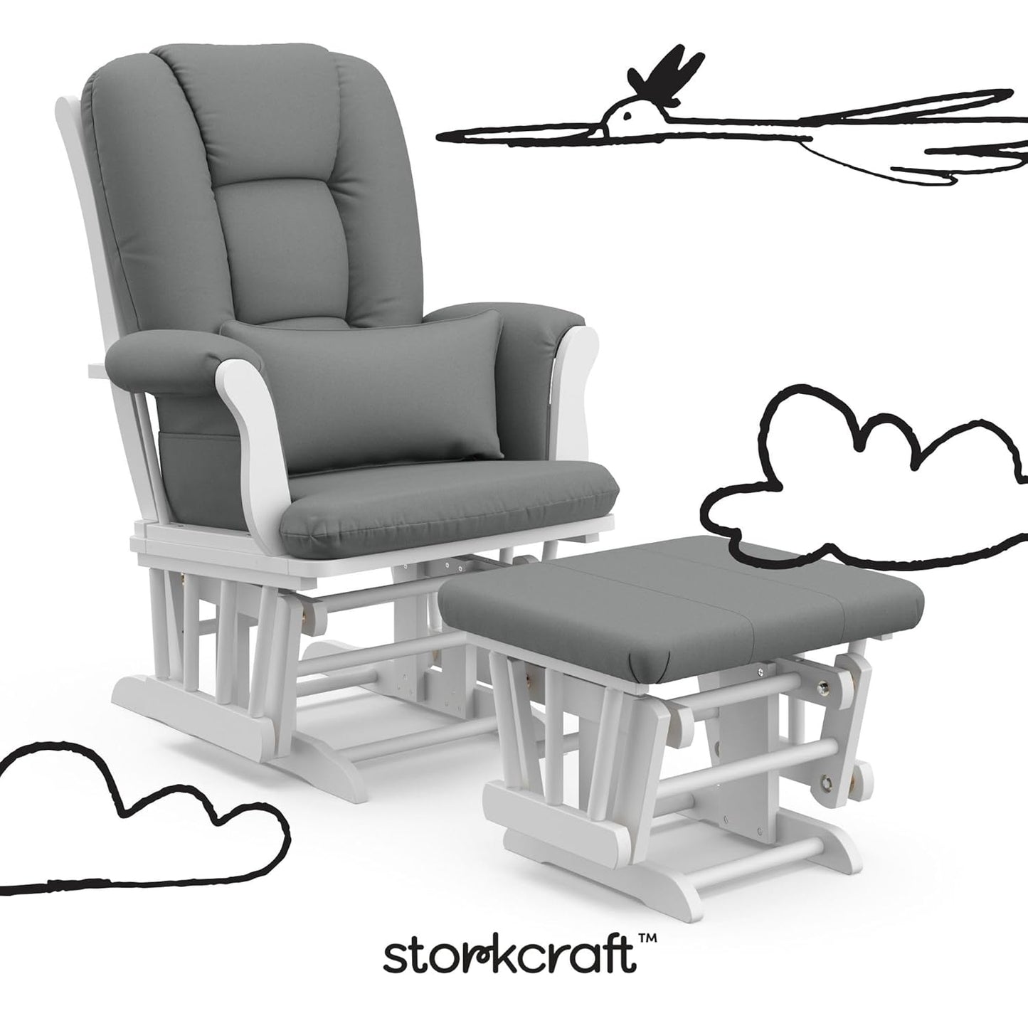 Storkcraft Tuscany Glider with Ottoman (Black/Gray) — GREENGUARD Gold Certified, Bonus Lumbar Cushion Included, Solid Wood Base, Smooth Motion, Award-Winning Nursery Rocking Chair, Glider and Ottoman