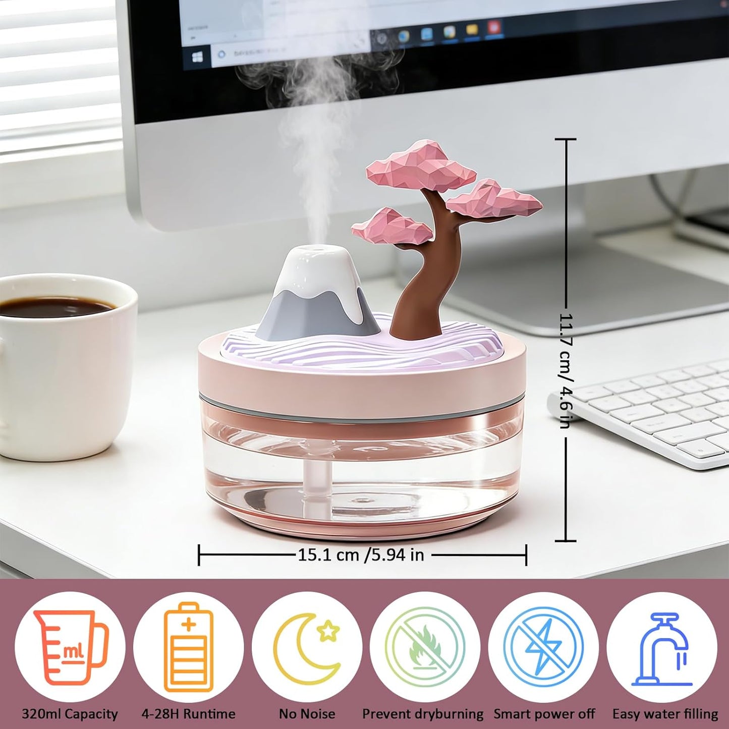 Landscape Night Light Humidifier with 2 Mist Modes, 320mL Large Tank Whisper-Quiet for Baby/Nursery/Office, Portable Mini Air Moisturizer